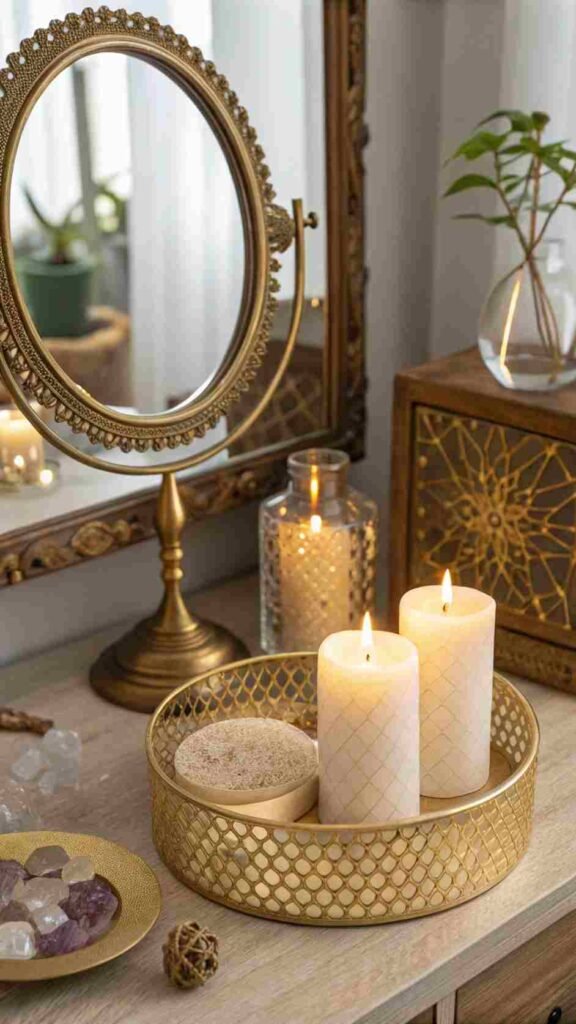 A-brass-mirror-catches-the-light-and-a-gold-tray-holds-candles-and-crystals-adding-an-elegant-touch-to-your-boho-sanctuary