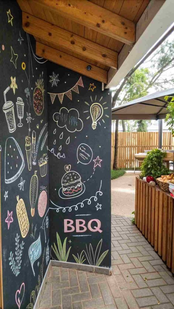 A-charming-chalkboard-wall-filled-with-sweet-doodles-family-messages-or-a-quirky-menu-for-your-next-BBQ.-Your-outdoor-wall-design-idea-adds-a-playful-personality