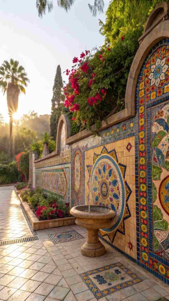 A-colorful-mosaic-wall-glistening-in-the-sunlight-creating-a-vibrant-focal-point-in-your-outdoor-oasis.