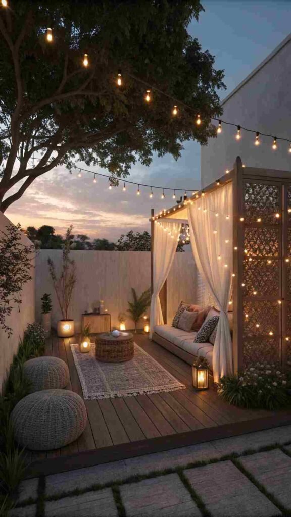 
A-cozy-evening-with-soft-twinkling-lights-casting-a-magical-glow-across-your-outdoor-space.-Your-outdoor-wall-design-idea-is-now-a-dreamy-escape