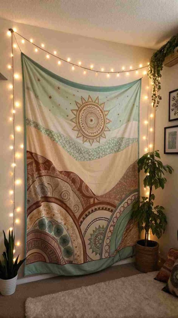 A-flowing-tapestry-in-earthy-tones-framed-by-warm-fairy-lights-transforming-your-wall-into-a-cozy-whimsical-escape