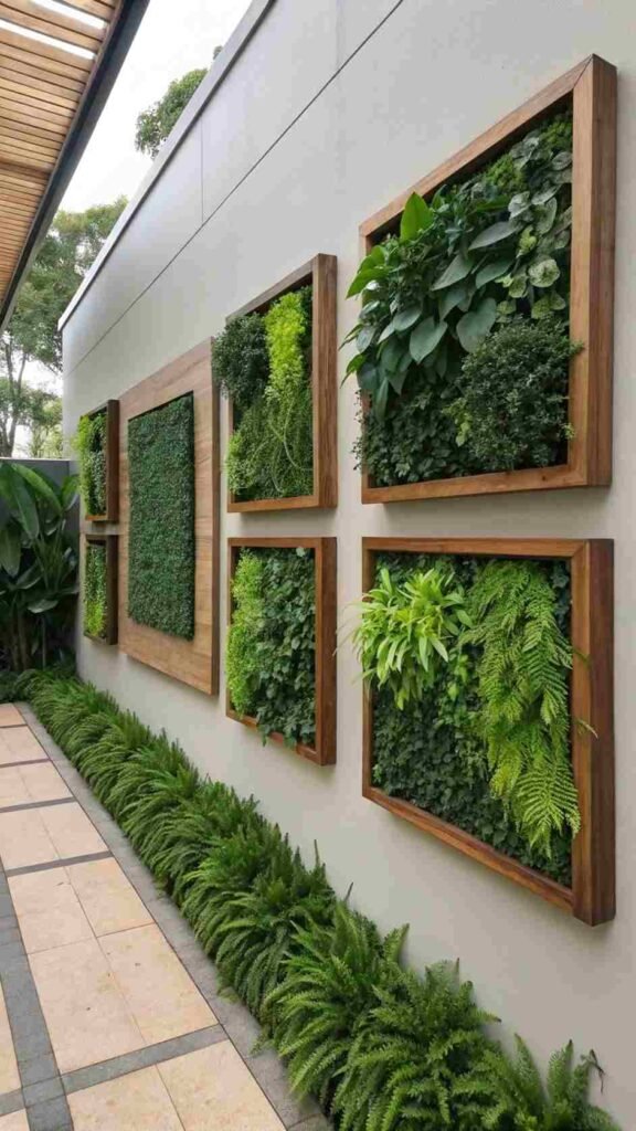 A-gallery-wall-of-lush-greens-framed-in-sleek-wooden-borders-creating-a-living-piece-of-art-on-your-outdoor-wall