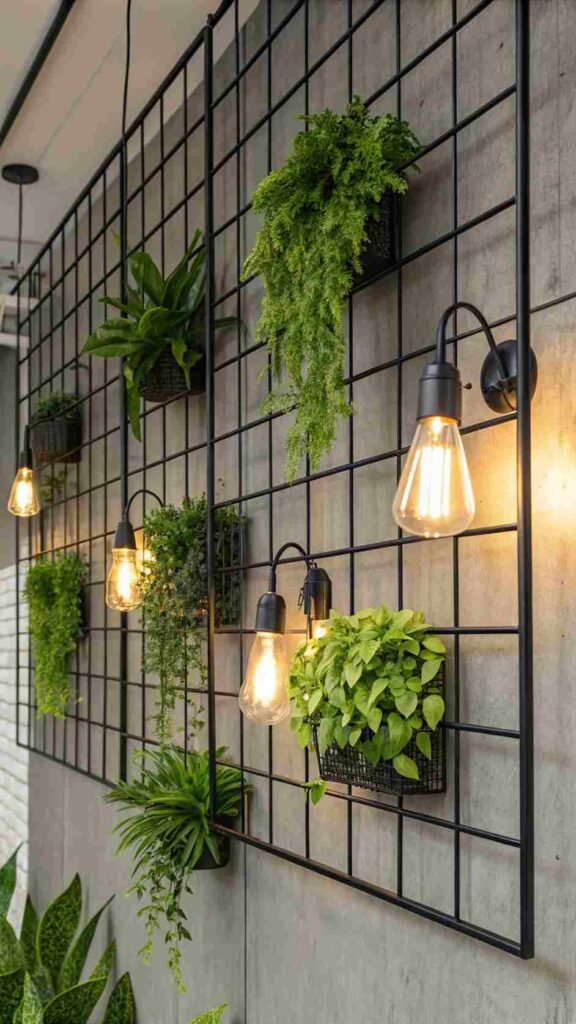 A-modern-wall-with-sleek-black-metal-grids-holding-bright-green-plants-and-Edison-style-lanterns.