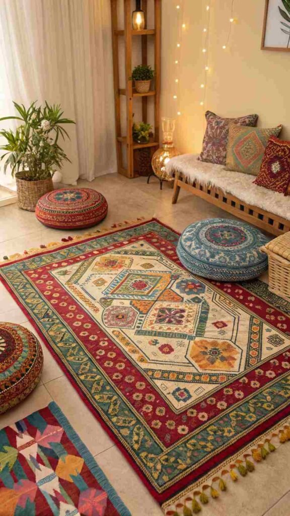 A-richly-patterned-rug-grounds-your-room-with-smaller-colorful-layers-adding-playful-touches-of-boho-charm.