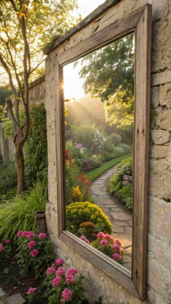 A-rustic-framed-mirror-reflecting-your-lush-garden-catching-sunlight-and-adding-depth-to-your-outdoor-wall.-Your-outdoor-wall-design-idea-just-became-magical