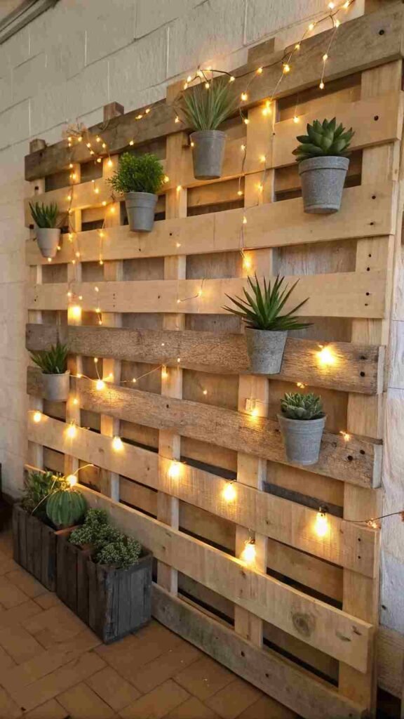 A-rustic-pallet-wall-adorned-with-twinkling-lights-and-small-succulents-creating-a-cozy-welcoming-vibe.