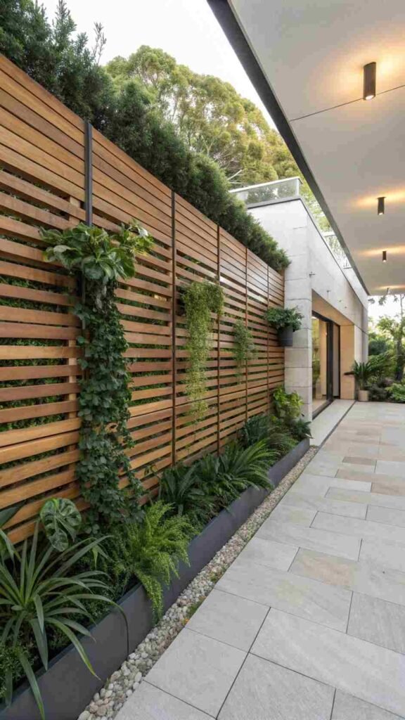 A-sleek-cedar-slat-wall-with-greenery-peeking-through-setting-the-stage-for-chic-outdoor-gatherings