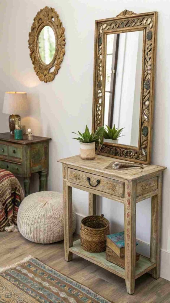 A-vintage-brass-mirror-and-a-weathered-wooden-side-table-give-your-room-character-making-it-feel-like-a-bohemian-hideaway.