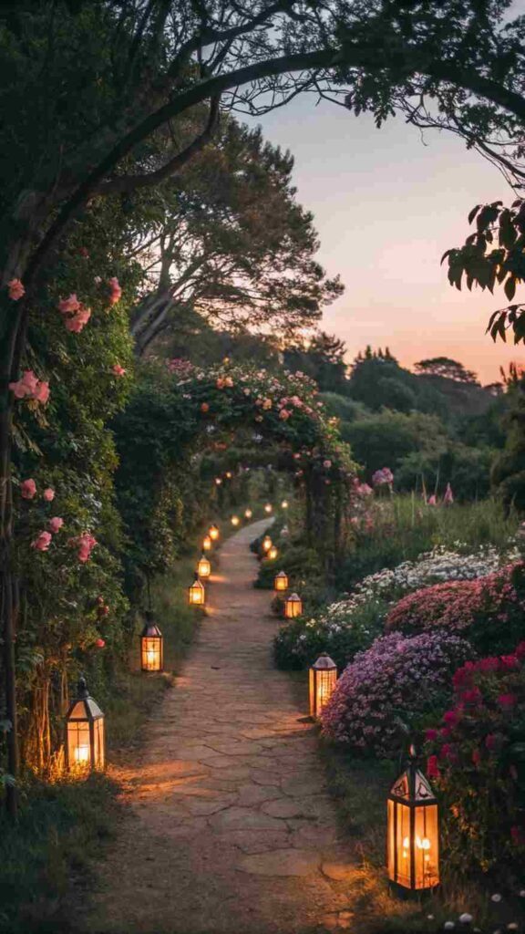 As the sun sets, your pathway comes alive with soft light, leading you through a garden that feels like a fairy tale