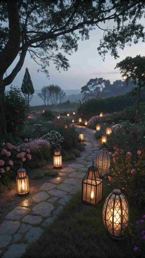 Clusters of glowing lanterns dot your garden, casting a flickering light that’s equal parts romantic and magical.