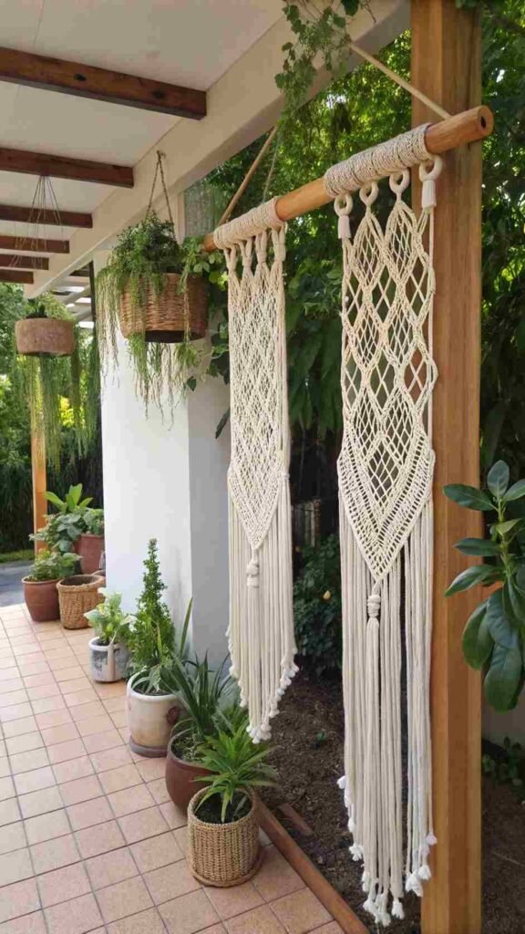 Delicate-macrame-hangings-swaying-gently-in-the-breeze-paired-with-lush-greenery-for-a-tranquil-boho-inspired-outdoor-space.