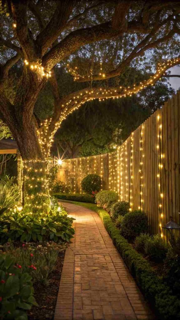 Golden string lights frame your favorite tree, while others create a shimmering fence backdrop—your garden feels alive, even at night