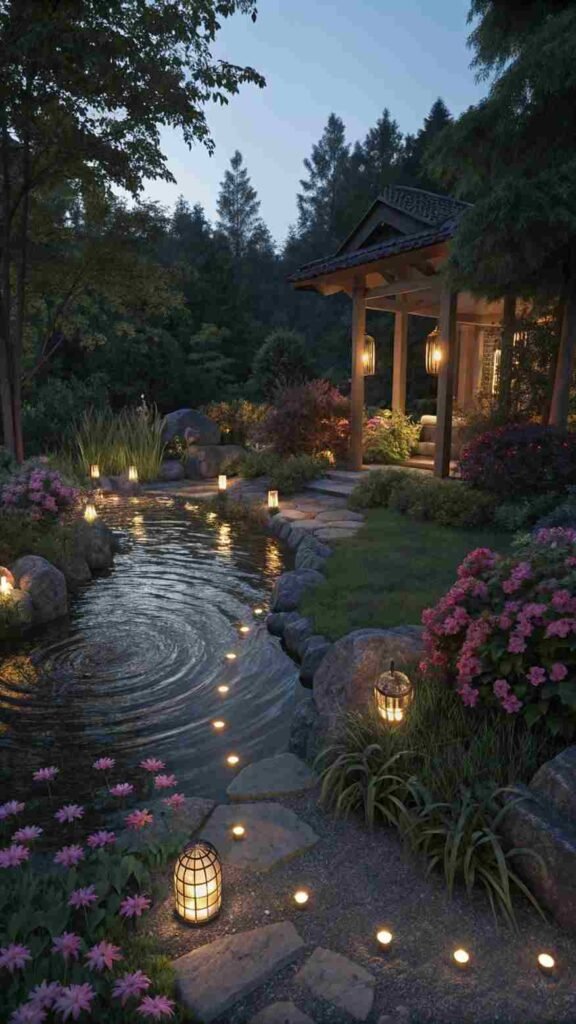 Rippling water glimmers with soft, colorful lights, creating a serene and mesmerizing nighttime garden retreat.