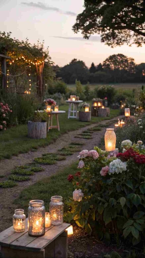 Soft glows from mason jars dot your garden, giving it a whimsical, handcrafted vibe perfect for evenings outdoors