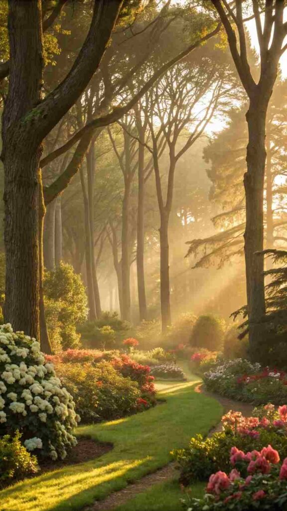 Tall trees cast dramatic shadows and golden light, making your garden feel both expansive and enchanting