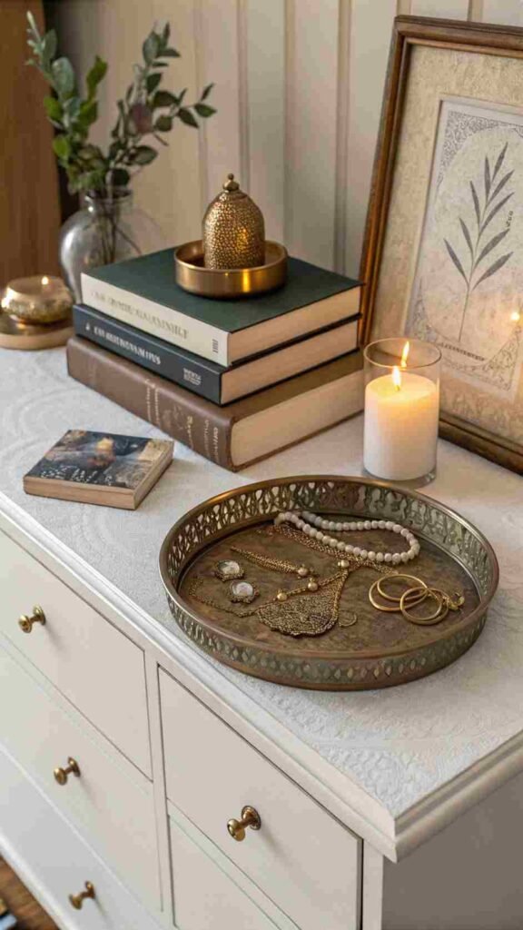 Your-dresser-is-a-work-of-art-styled-with-a-vintage-brass-tray-holding-delicate-jewelry-a-stack-of-books-and-the-soft-glow-of-a-candle