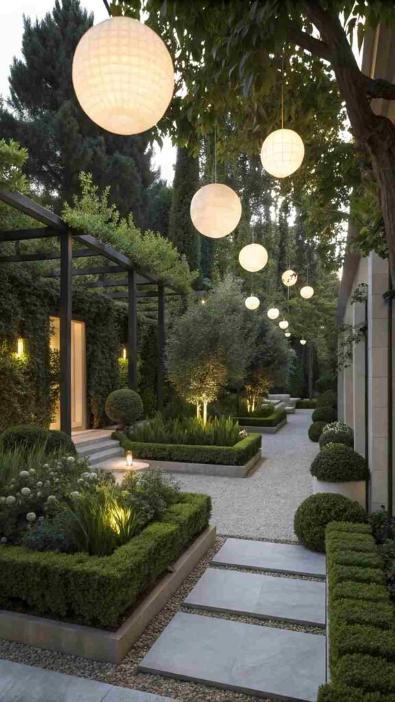 Your garden becomes a sophisticated oasis with glowing hanging bulbs creating a minimalist, designer-inspired ambiance