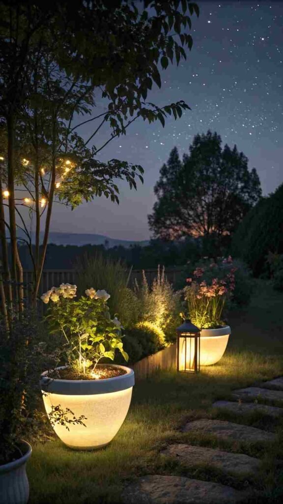 Your garden features pots that glow softly in the dark, accentuating your plants with a magical luminescence