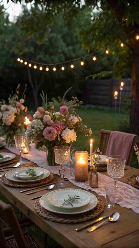 Your garden table glows with soft light, perfect for dinner parties or quiet evenings. Plates and glasses sparkle like treasures in the soft illumination