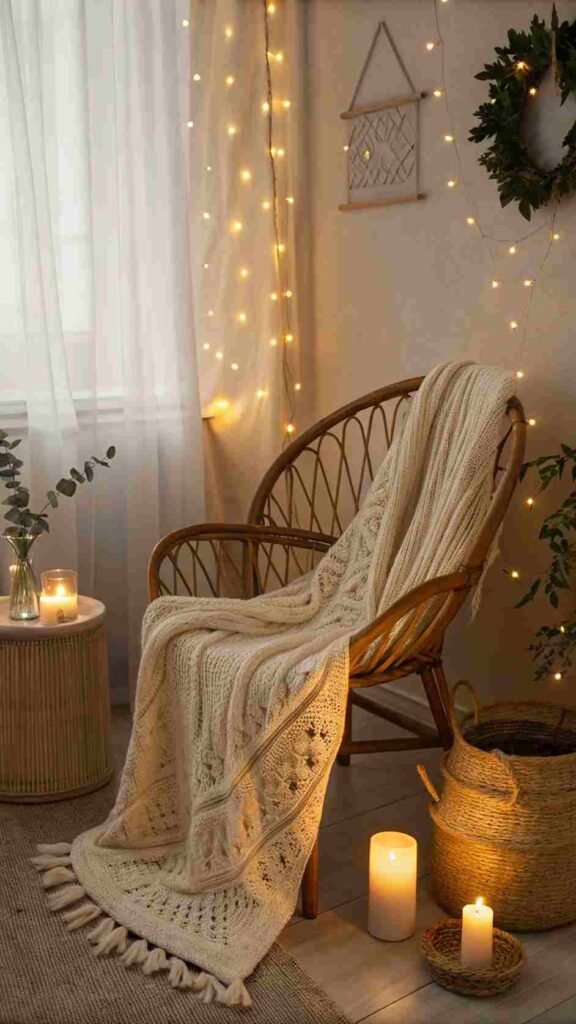 Your-nook-is-the-epitome-of-calm—a-rattan-chair-draped-with-a-chunky-knit-throw-surrounded-by-warm-candlelight-and-the-soft-glow-of-fairy-lights
