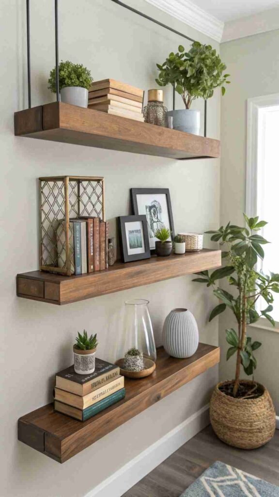 A beautifully arranged floating shelf that doubles as decor and storage, adding depth and charm to your walls.