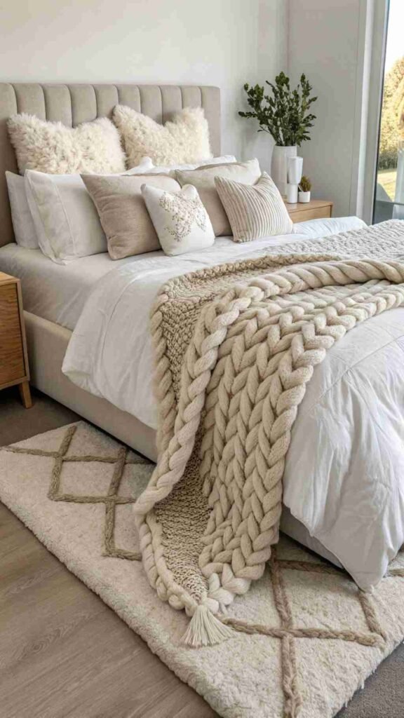 A bed piled high with fluffy pillows, a chunky knit blanket, and a soft rug underfoot, creating a cozy retreat.