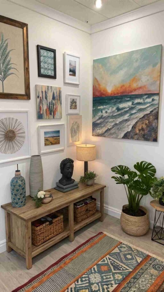 A casually styled corner with layered art pieces that feels effortlessly cool and creative.