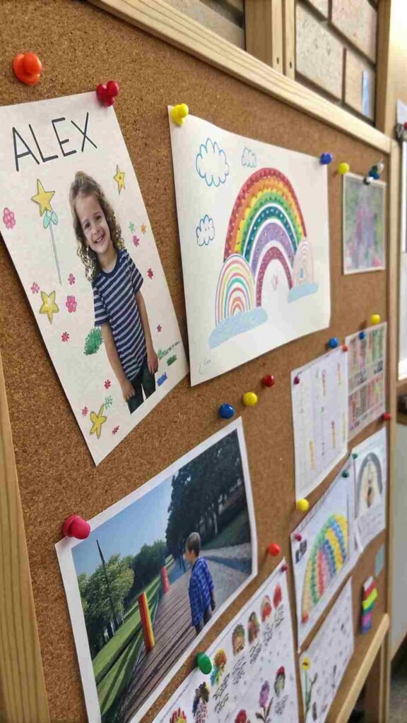 A corkboard filled with bright drawings, their first scribbled “name,” and photos of them beaming with pride—all surrounded by cute, colorful push pins.