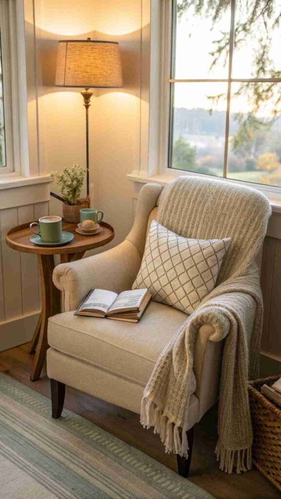 A cozy nook with a chair that’s perfect for curling up with your morning coffee or evening journal session.