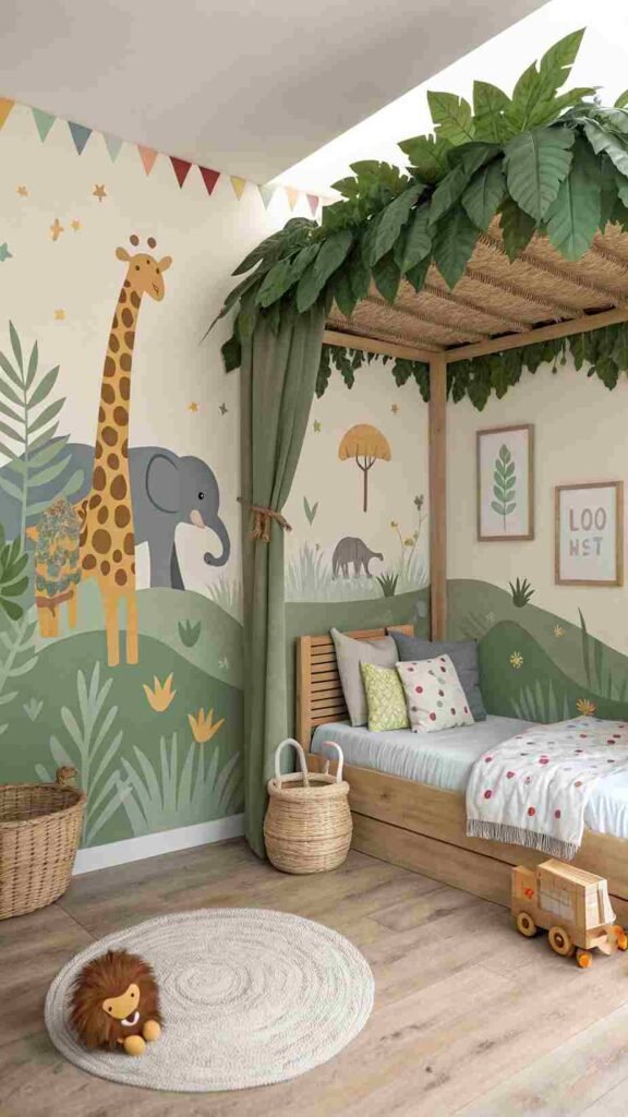 A jungle-themed room with a leafy canopy above the bed, a wall of safari animal decals, and a basket overflowing with stuffed elephants and lions. It’s vibrant yet timeless.