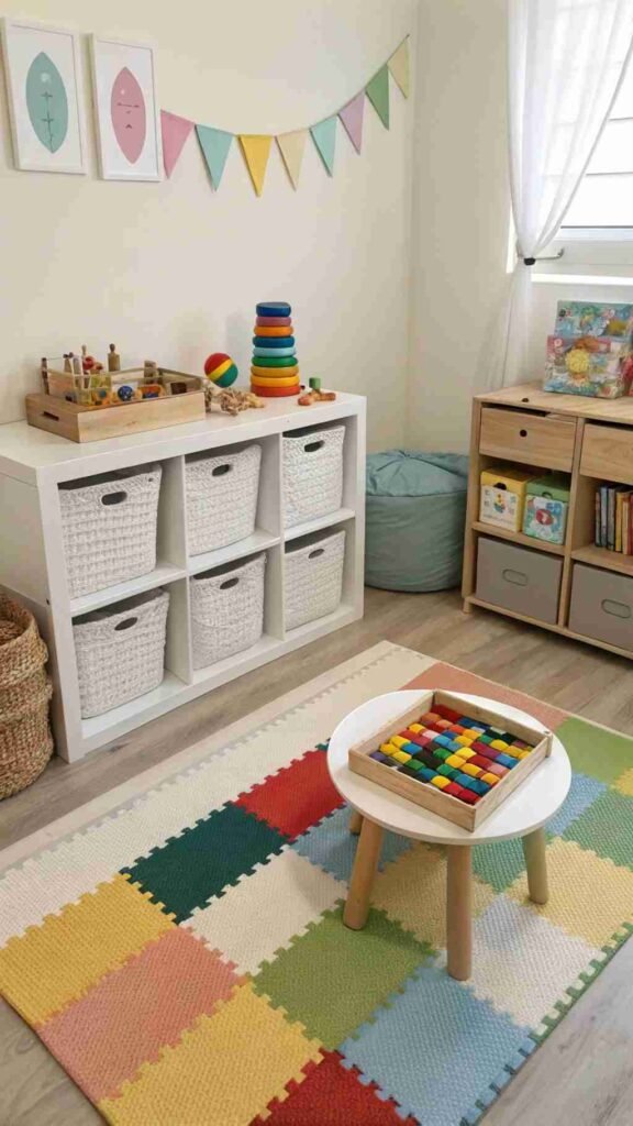 A play area with a soft, colorful mat, a mini table covered with building blocks, and a toy chest that keeps everything neatly tucked away after hours of fun.