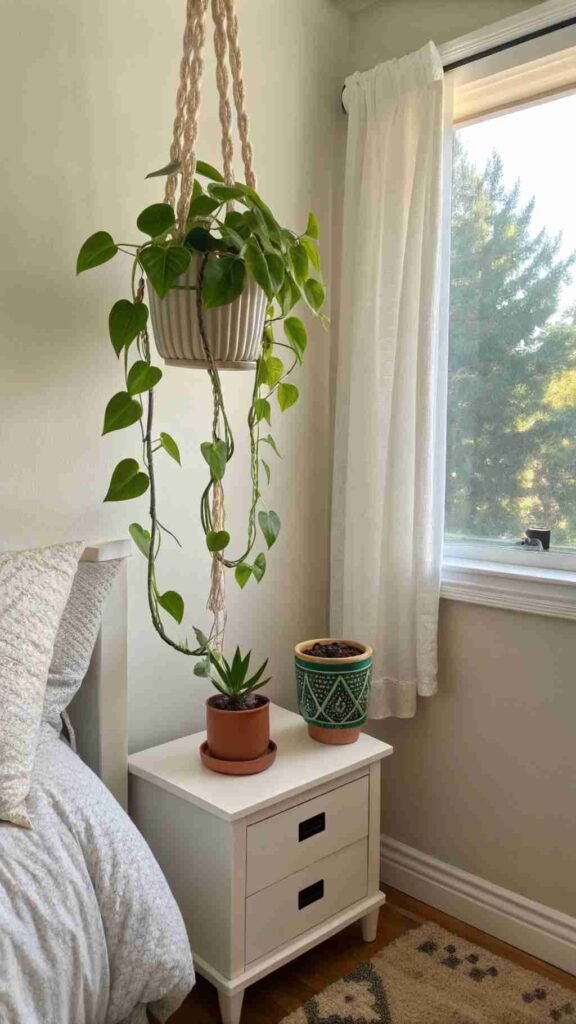 A small bedroom with a hanging pothos plant near the window and a tiny succulent on the nightstand, adding vibrancy and charm.