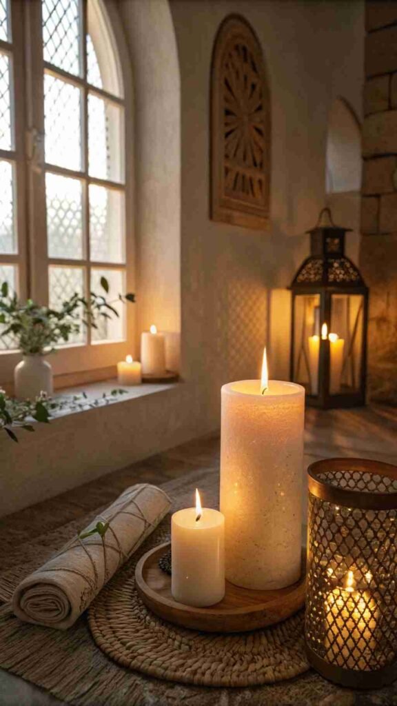 A soft, calming scent fills the room as a flickering candlelight adds to the dreamy aesthetic.