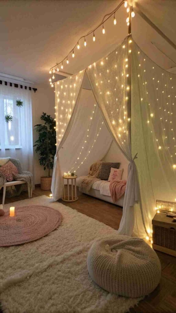 As you walk into your room, the gentle glow of fairy lights transforms the space into a cozy cocoon, making it the perfect retreat after a long day.