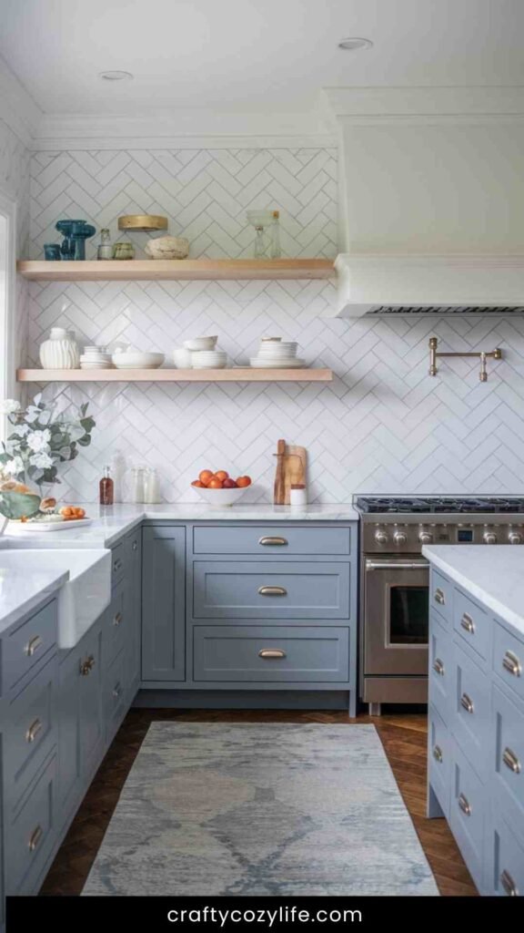 Combining Blue Gray Cabinets with Unique Backsplashes