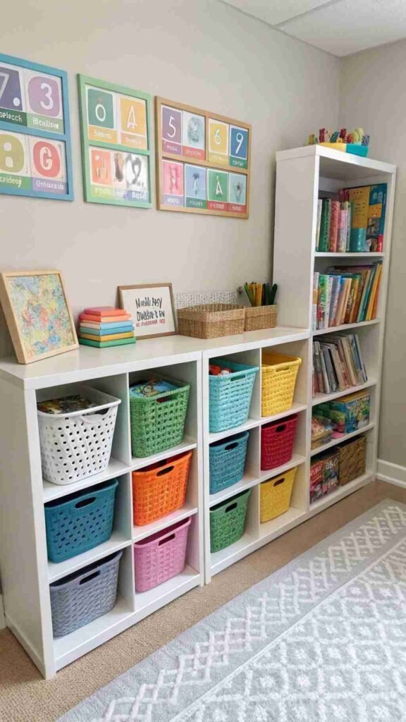 Rows of colorful baskets in open cubbies, a mini bookshelf filled with bedtime stories, and a corner for neatly stacked puzzles. No clutter in sight—just tidy, happy vibes.