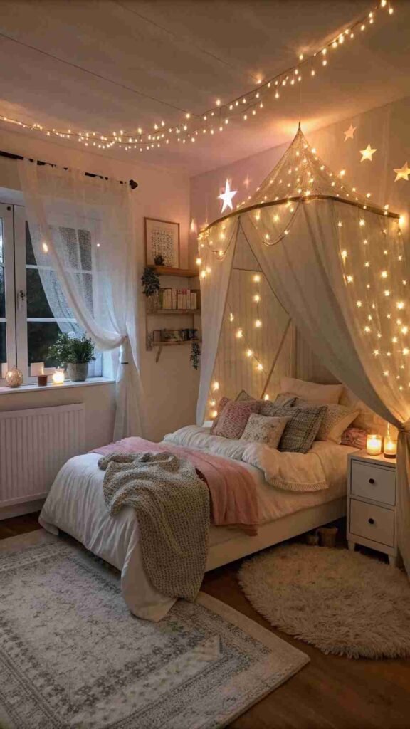 Soft, twinkling lights wrap your room in a cozy glow, turning your small bedroom into a magical escape.