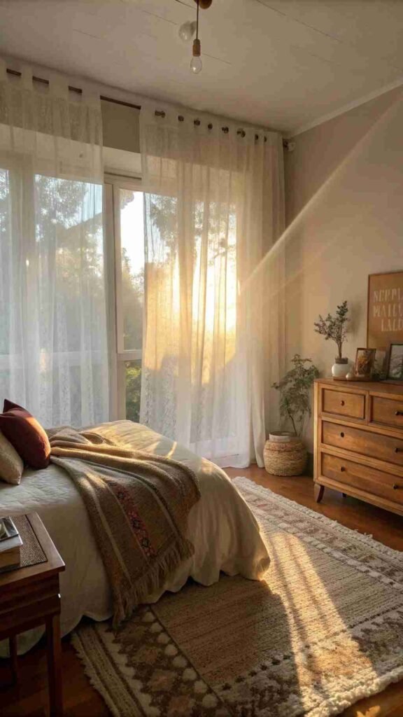 Sunlight gently filters through sheer curtains, casting a soft glow across your bedroom’s cozy decor.