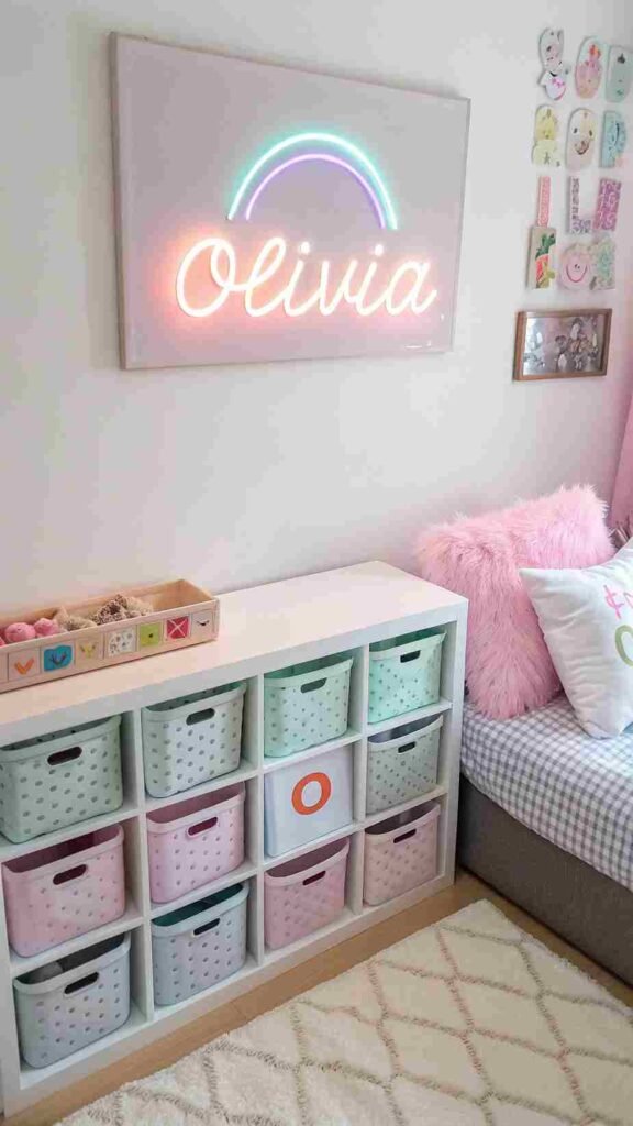 Their name glowing in a whimsical neon sign, personalized bins keeping the room tidy, and a fluffy monogrammed pillow sitting proudly on their bed.