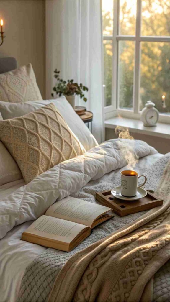 Your bed, perfectly layered with soft textures, invites you to curl up with a book and a steaming cup of tea on a lazy Sunday morning.