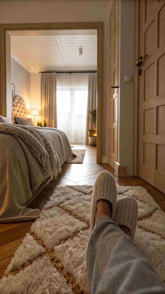 Your feet sink into a plush rug as you step out of bed, setting a comfy tone for the day.