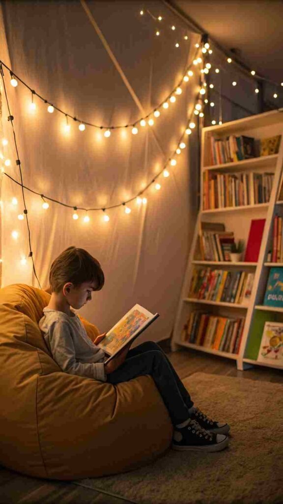 Your little one flips through a picture book, nestled on a squishy beanbag under a string of warm lights. The shelves are filled with colorful books, perfectly within reach.