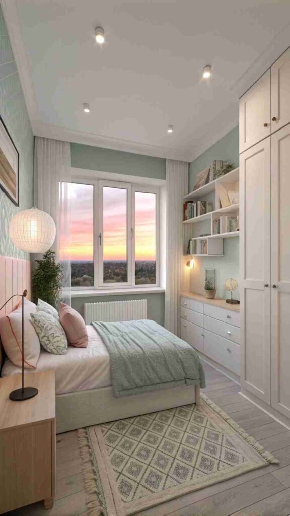 Your small bedroom feels fresh and open, bathed in soft hues that brighten your mornings and calm your evenings.