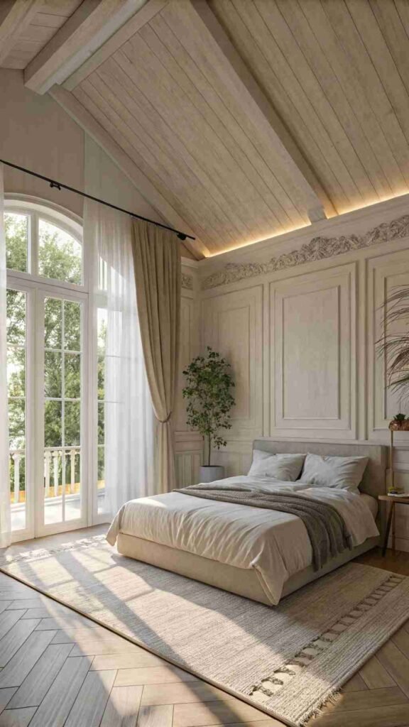 Your small bedroom feels like it has grown taller, bathed in soft, natural light filtering through delicate curtains.