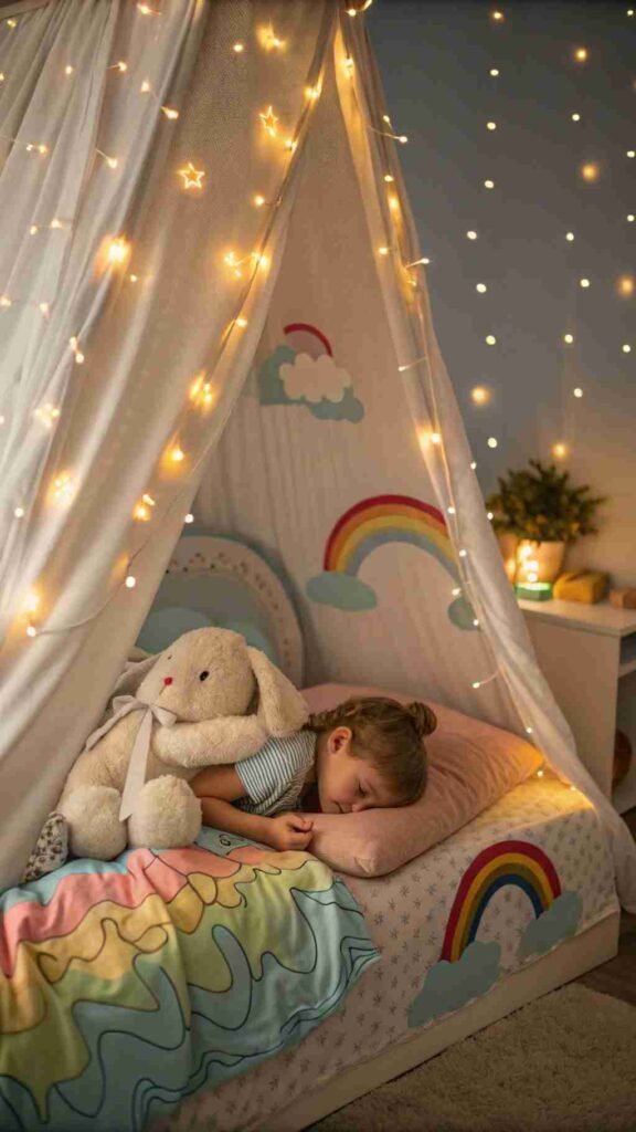 Your toddler drifts off under a canopy of twinkling fairy lights, hugging their favorite stuffed bunny. The bed sits low, framed by soft, colorful bedding with clouds and rainbows. It’s cozy, dreamy, and irresistibly snug.