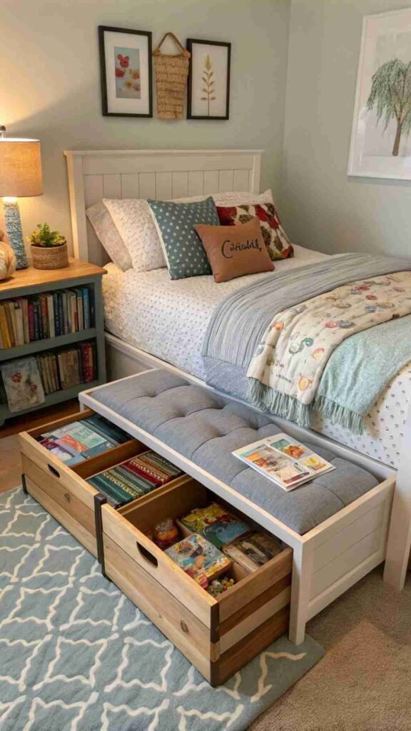 A bed with pull-out drawers full of bedtime books and cozy blankets, a bench chest that stores toys, and a playful table that can adapt to snack time in a snap.