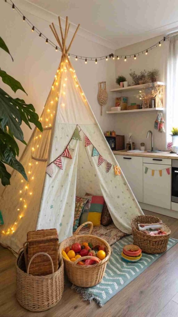 A tiny tepee glowing with fairy lights, a basket filled with colorful costumes, and a little kitchen stocked with pretend food—all ready for hours of imaginative play.