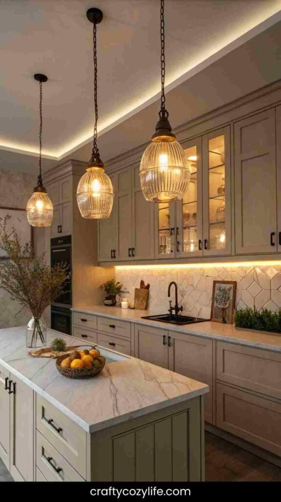 Lighting That Complements Blue Gray Cabinets 