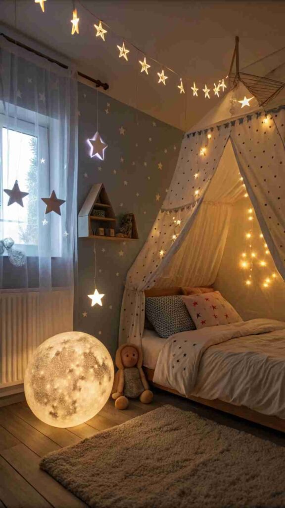 Soft fairy lights cast a warm glow, a night light shaped like a moon rests by the bed, and starry patterns twinkle on the ceiling as your toddler drifts off to dreamland.