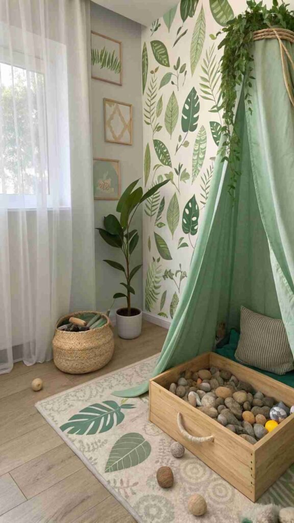 Soft green accents throughout the room, a leafy curtain swaying in the breeze, and a cute corner with a nature sensory bin filled with smooth stones and wooden animals.